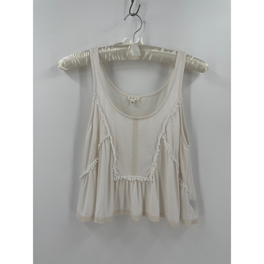POL Ivory Ribbed Lace Trim Babydoll Tank Top Boho Sleeveless Peplum Small